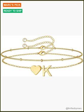 14K Gold Plated Heart Initial Charm Bracelet Dainty Adjustable Gift